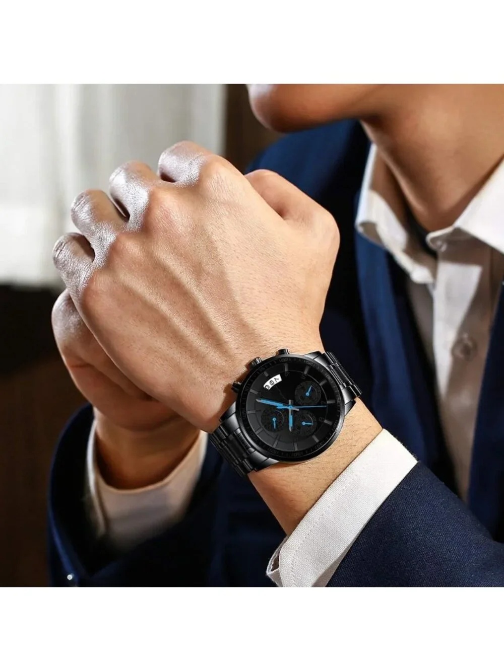 Men's Black And Blue Analog Stainless Steel Waterproof Chronograph Wrist Watch